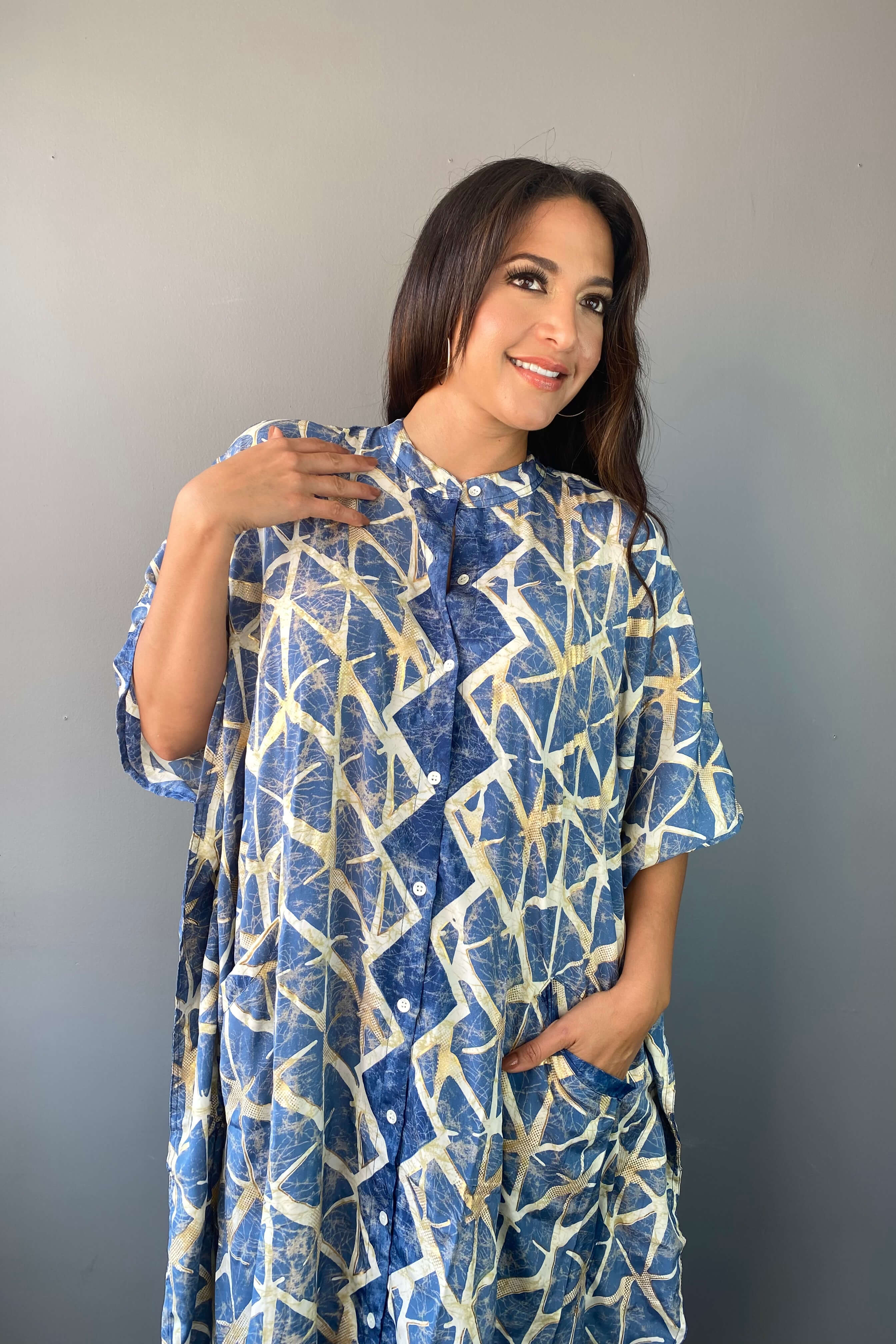 Vestido Oversize Étnico Azul