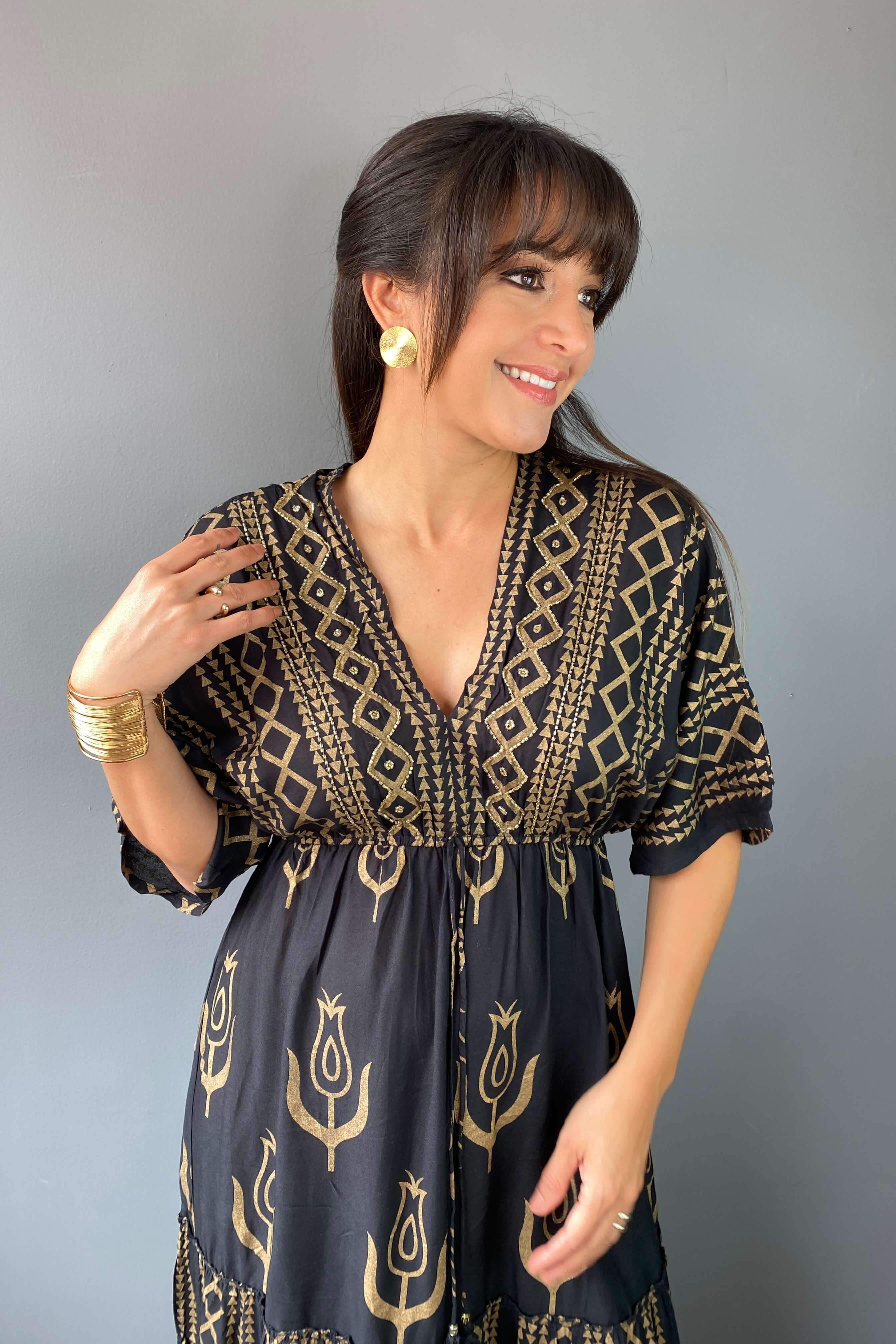 Vestido Kaftan Negro Dorado