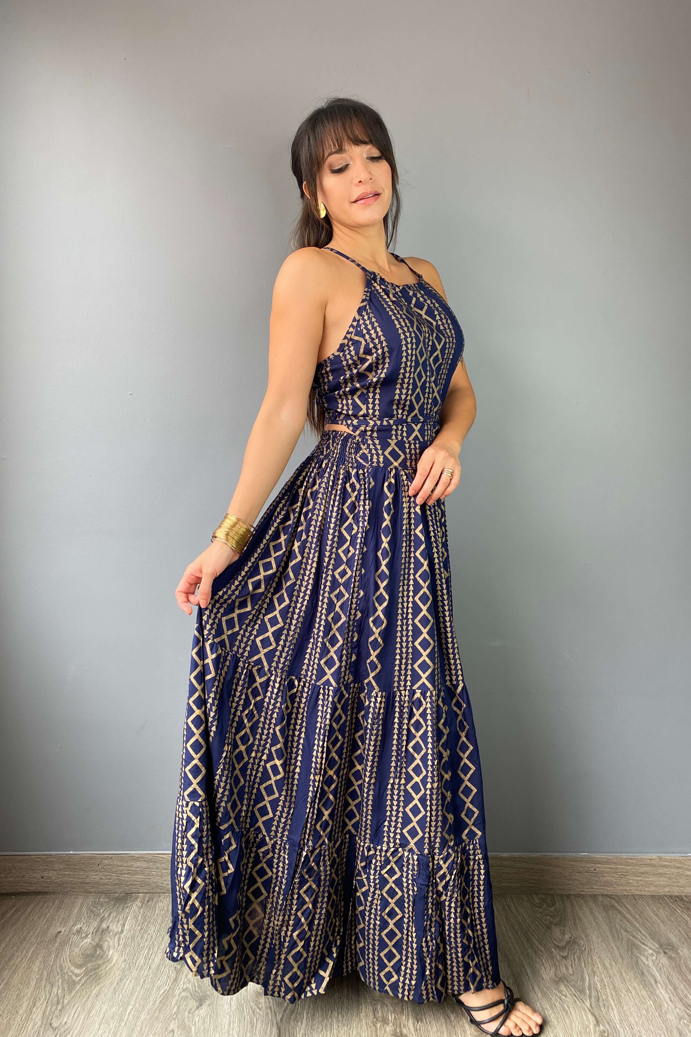 Vestido Boho Azul Dorado