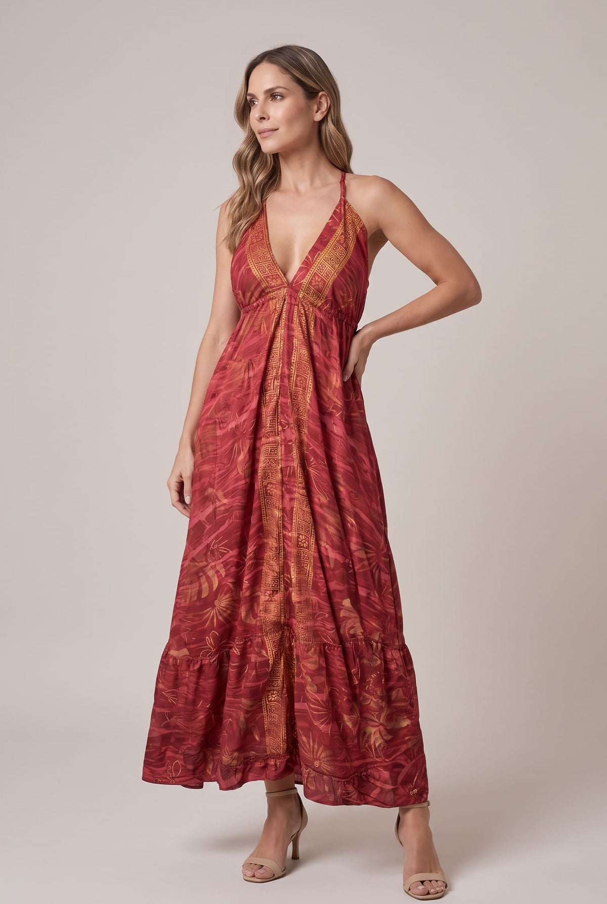 Vestido Boho Rojo y Dorado