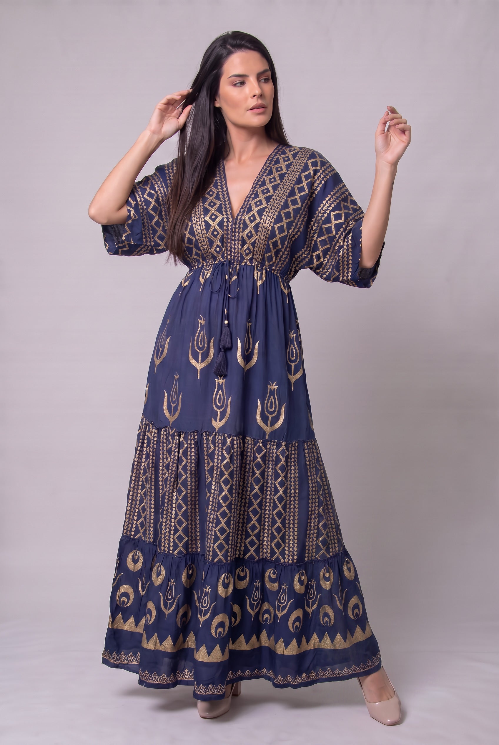 Vestido Kaftan Azul Dorado