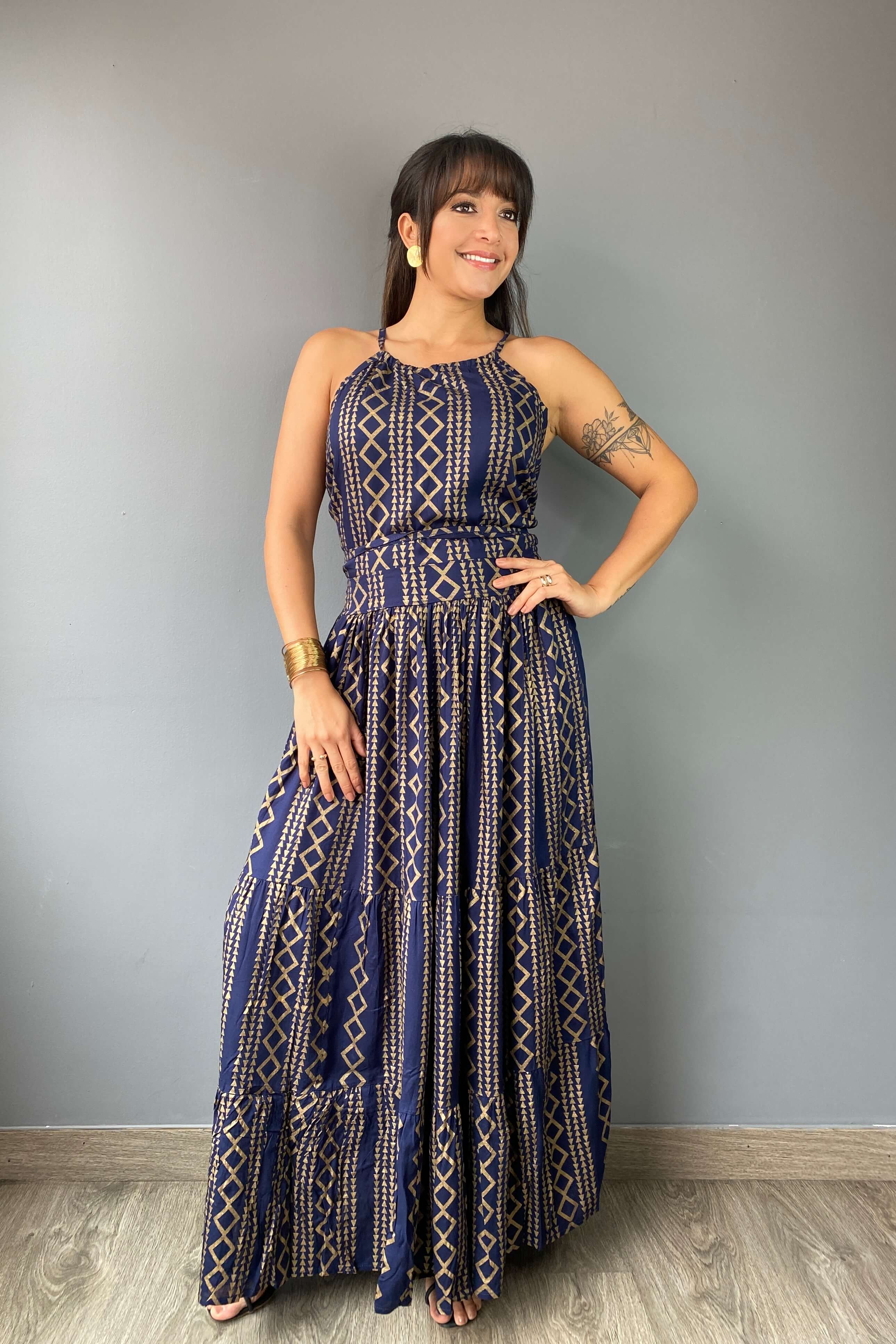 Vestido Boho Azul Dorado - Seleno Shop