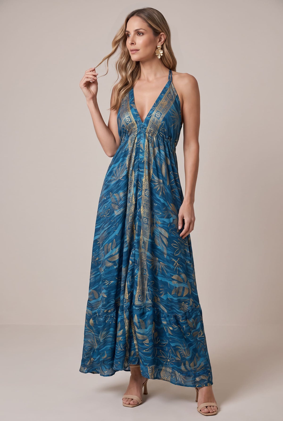 Vestido Boho Azul y Dorado - Seleno Shop
