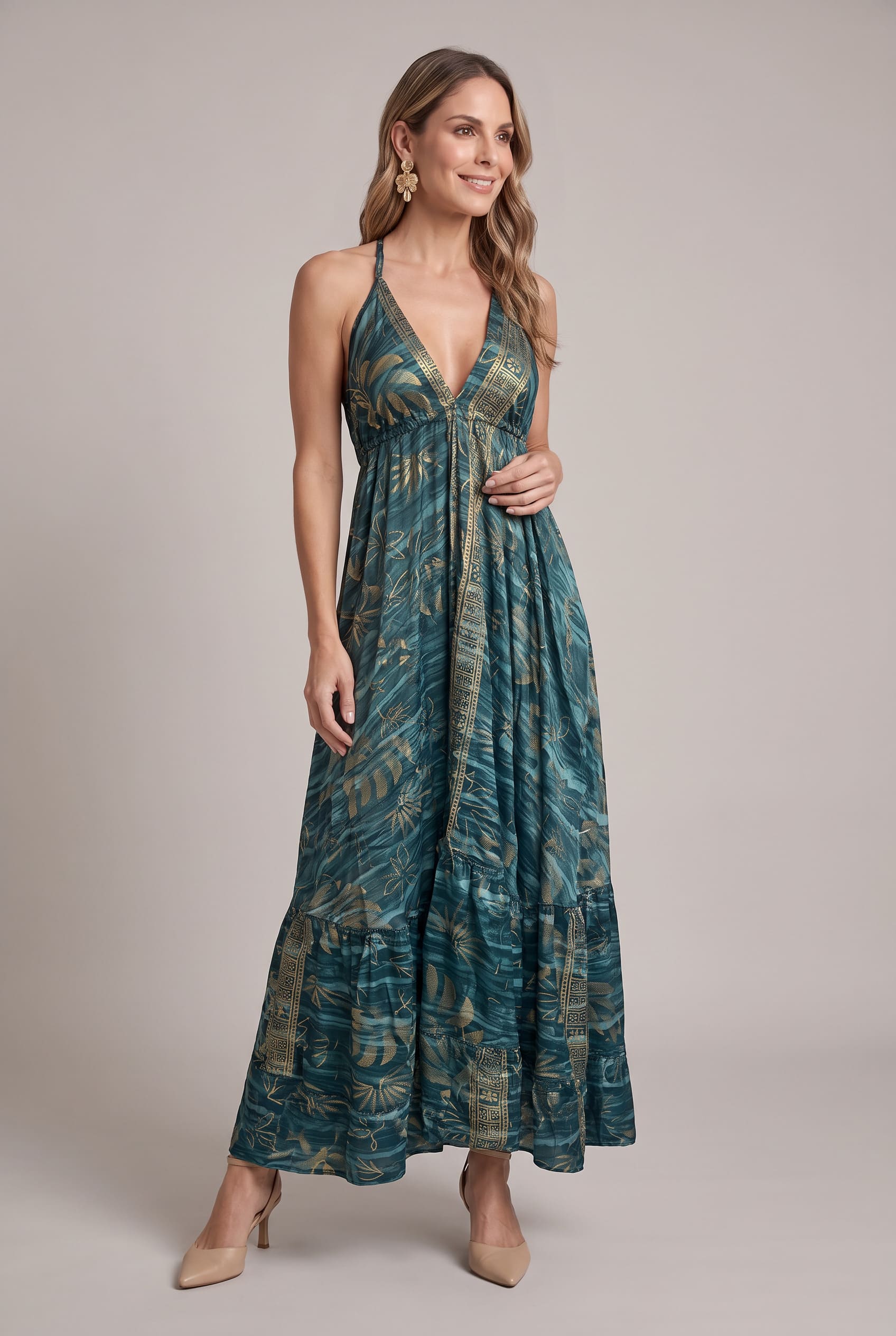 Vestido Boho Verde y Dorado - Seleno Shop