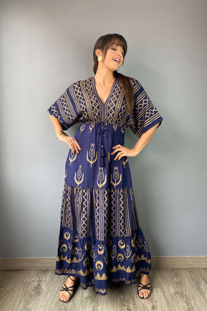 Vestido Kaftan Azul Dorado - Seleno Shop