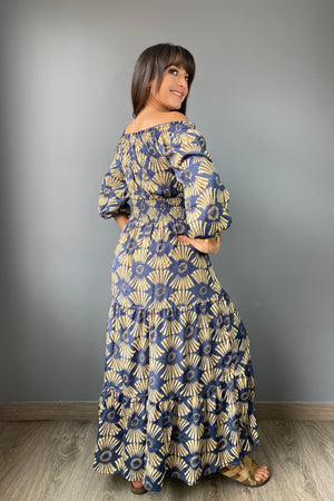 Vestido Kaftan Estampado Azul & Beige - Seleno Shop