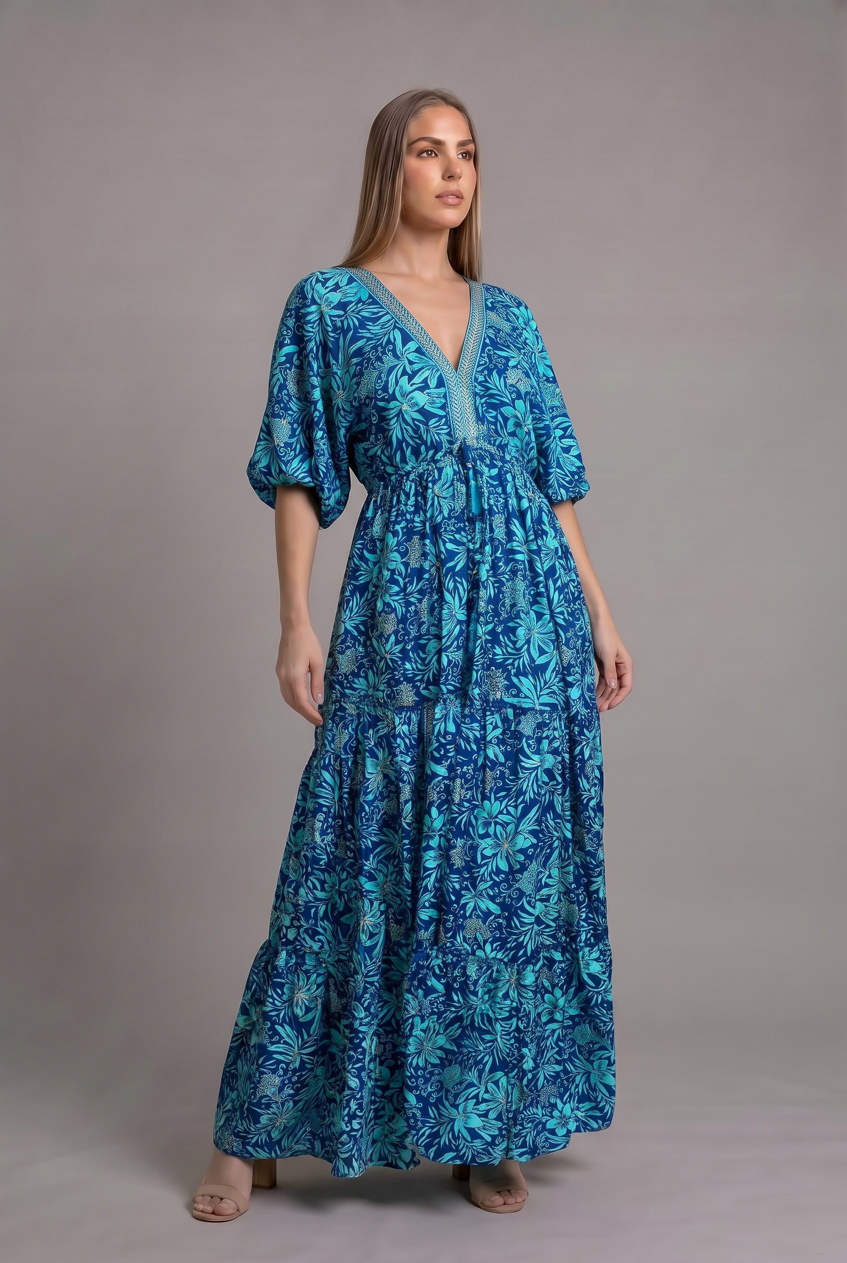 Vestido Kaftan Jardín Turquesa - Seleno Shop