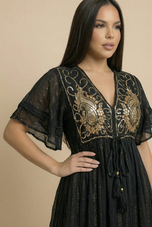 Vestido Kaftan Negro Apliques Dorados - Seleno Shop