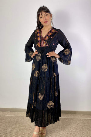 Vestido Kaftan Negro Apliques Dorados - Seleno Shop