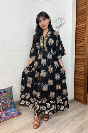 Vestido Kaftan Negro Apliques Dorados - Seleno Shop