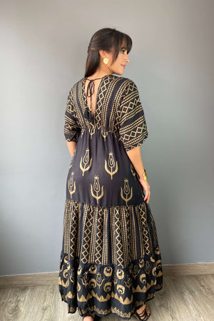 Vestido Kaftan Negro Dorado - Seleno Shop