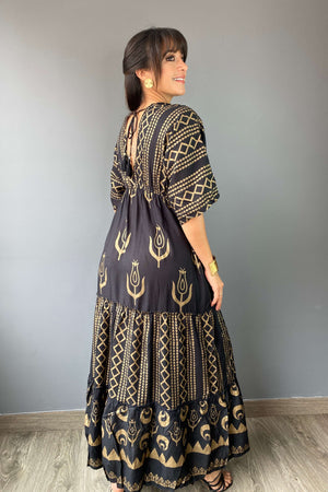 Vestido Kaftan Negro Dorado - Seleno Shop