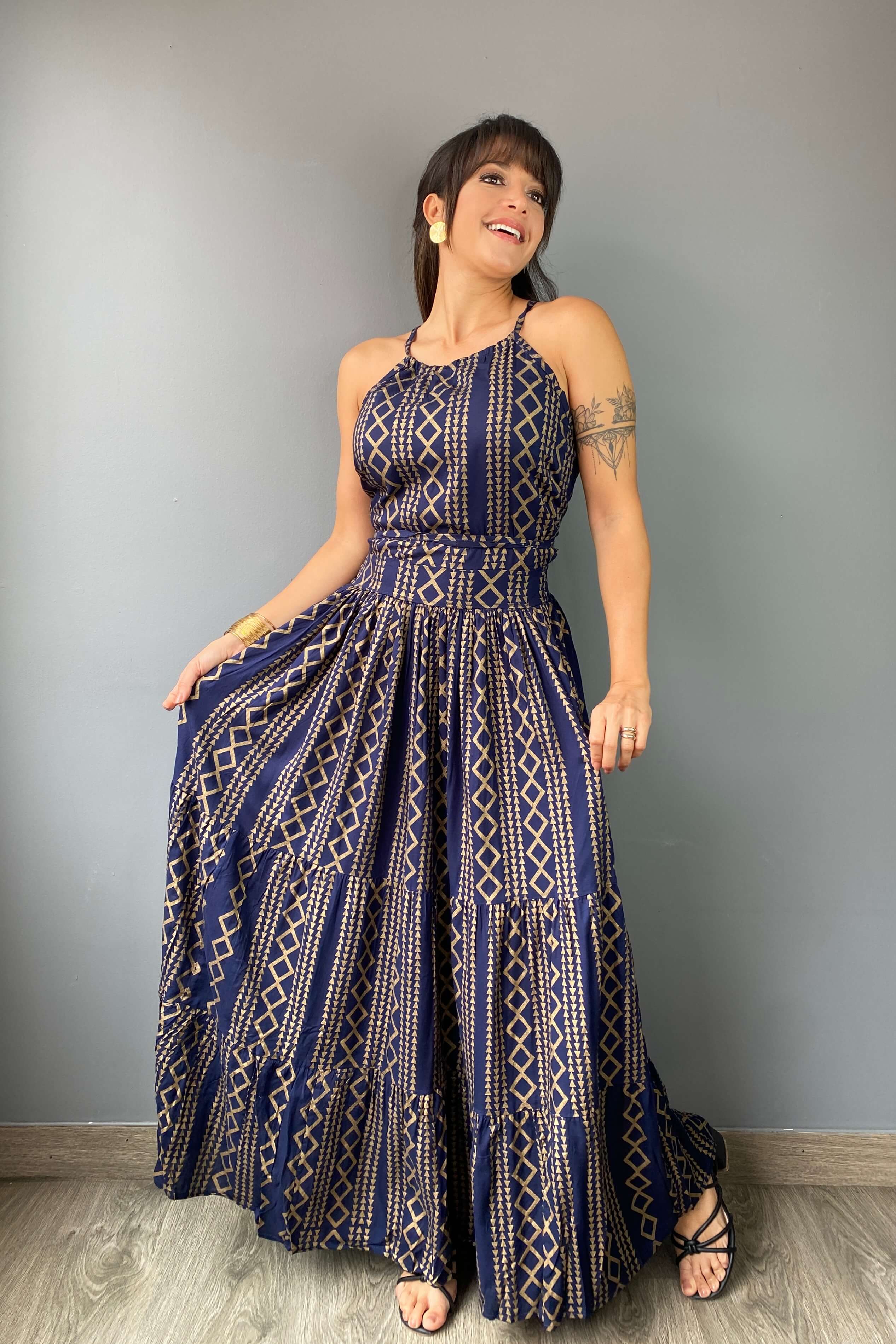 Vestido Boho Azul Dorado