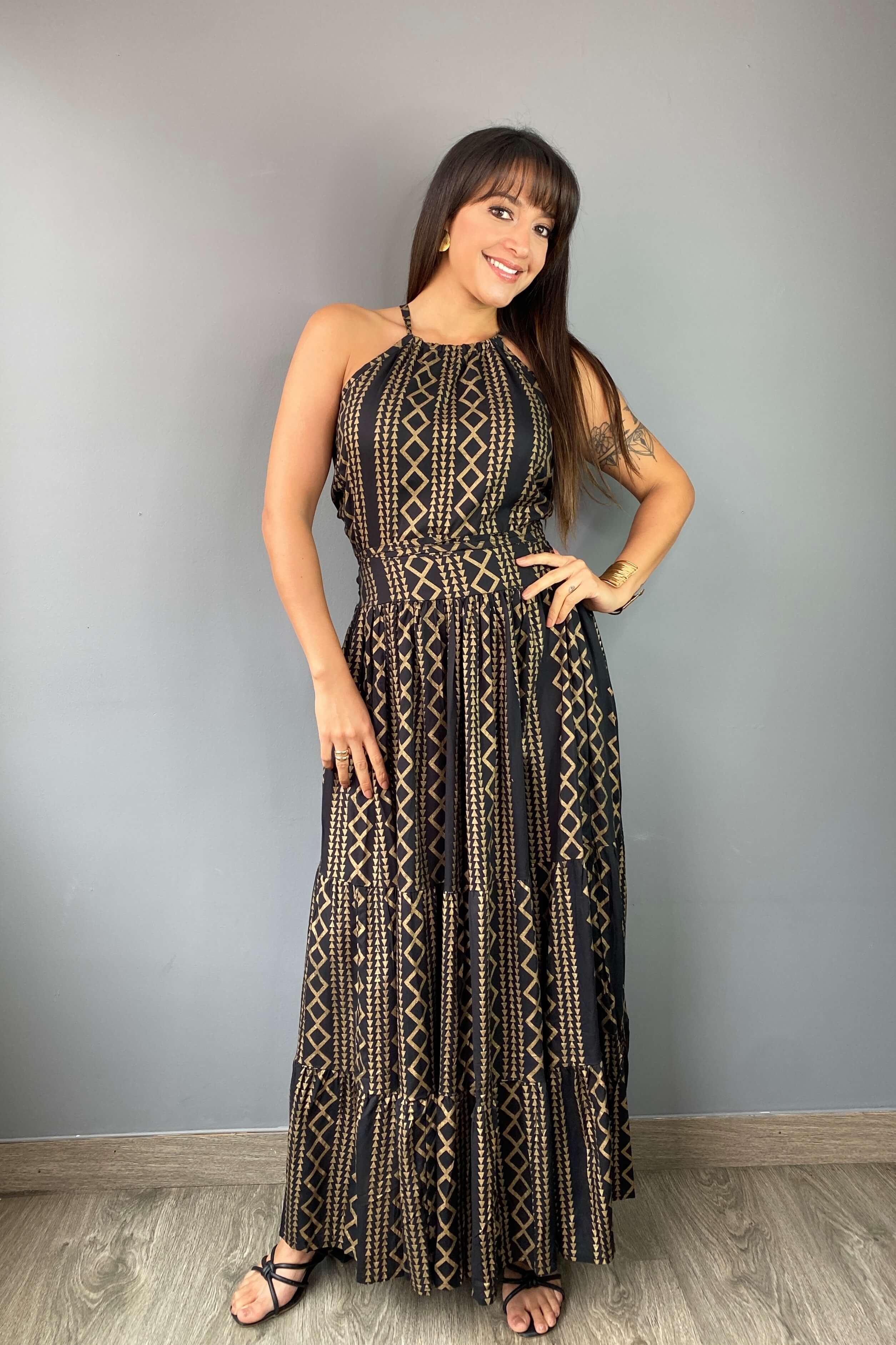 Vestido Boho Negro Dorado