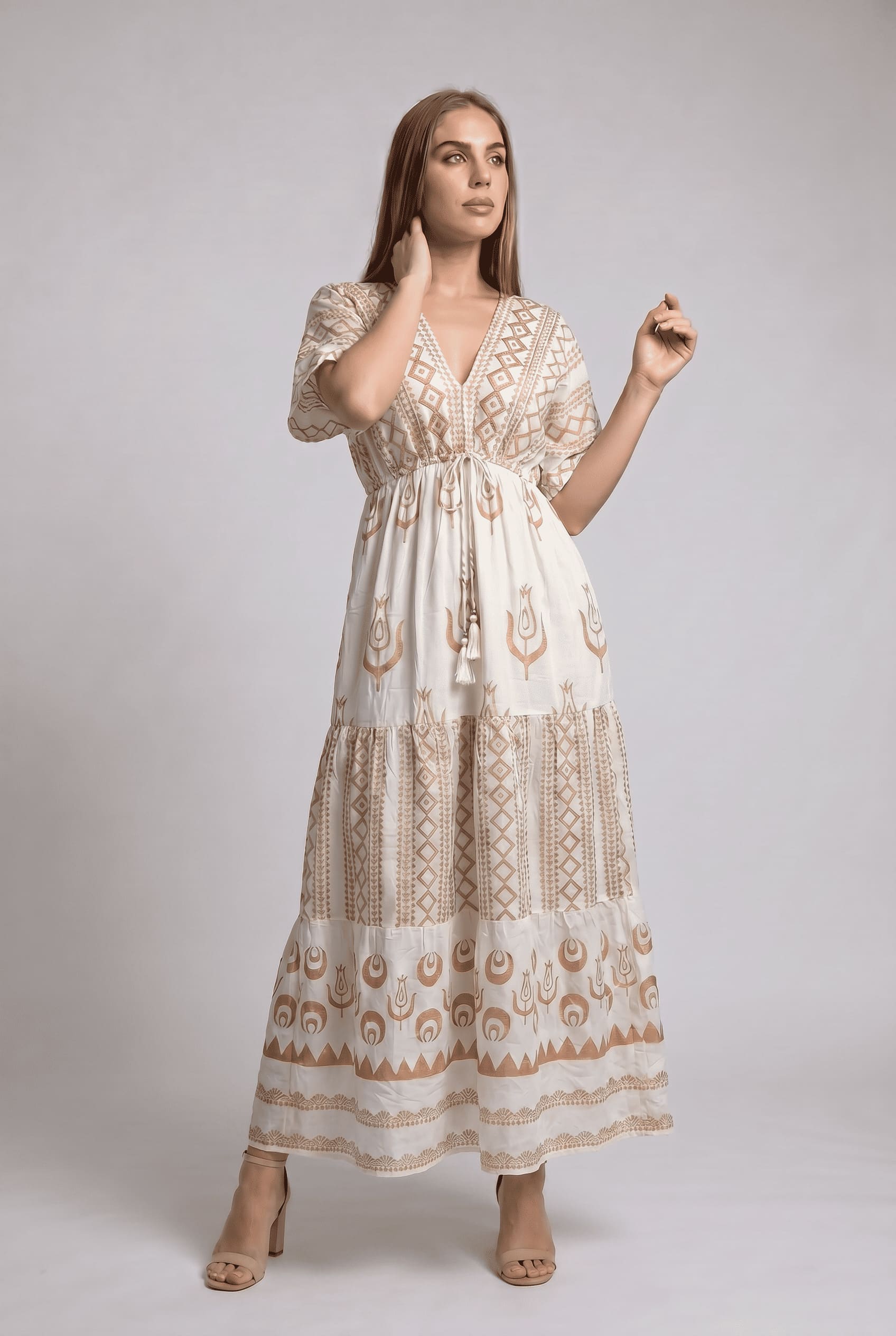 Vestido Kaftan Beige Dorado