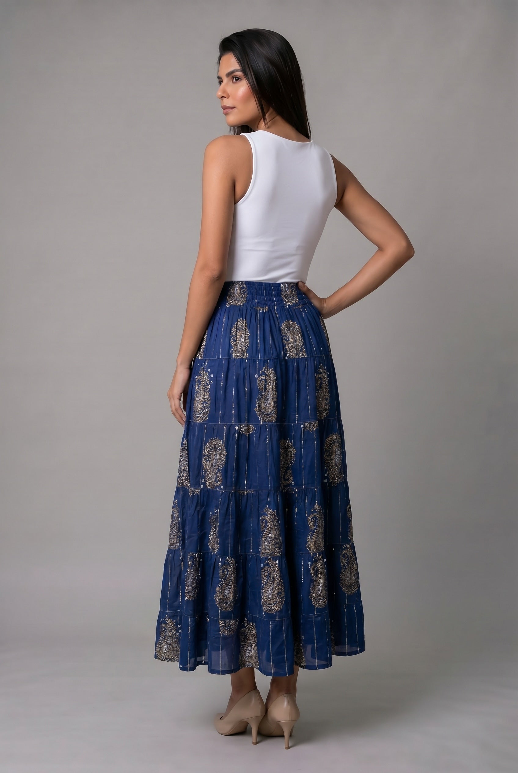 Falda Azul Apliques Dorados - Seleno Shop