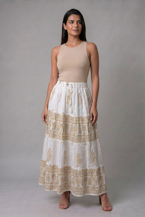 Falda Beige Apliques Dorados - Seleno Shop