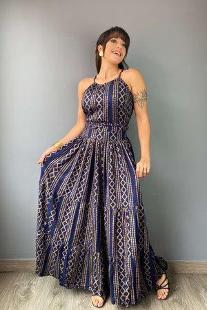 Vestido Boho Azul Dorado - Seleno Shop
