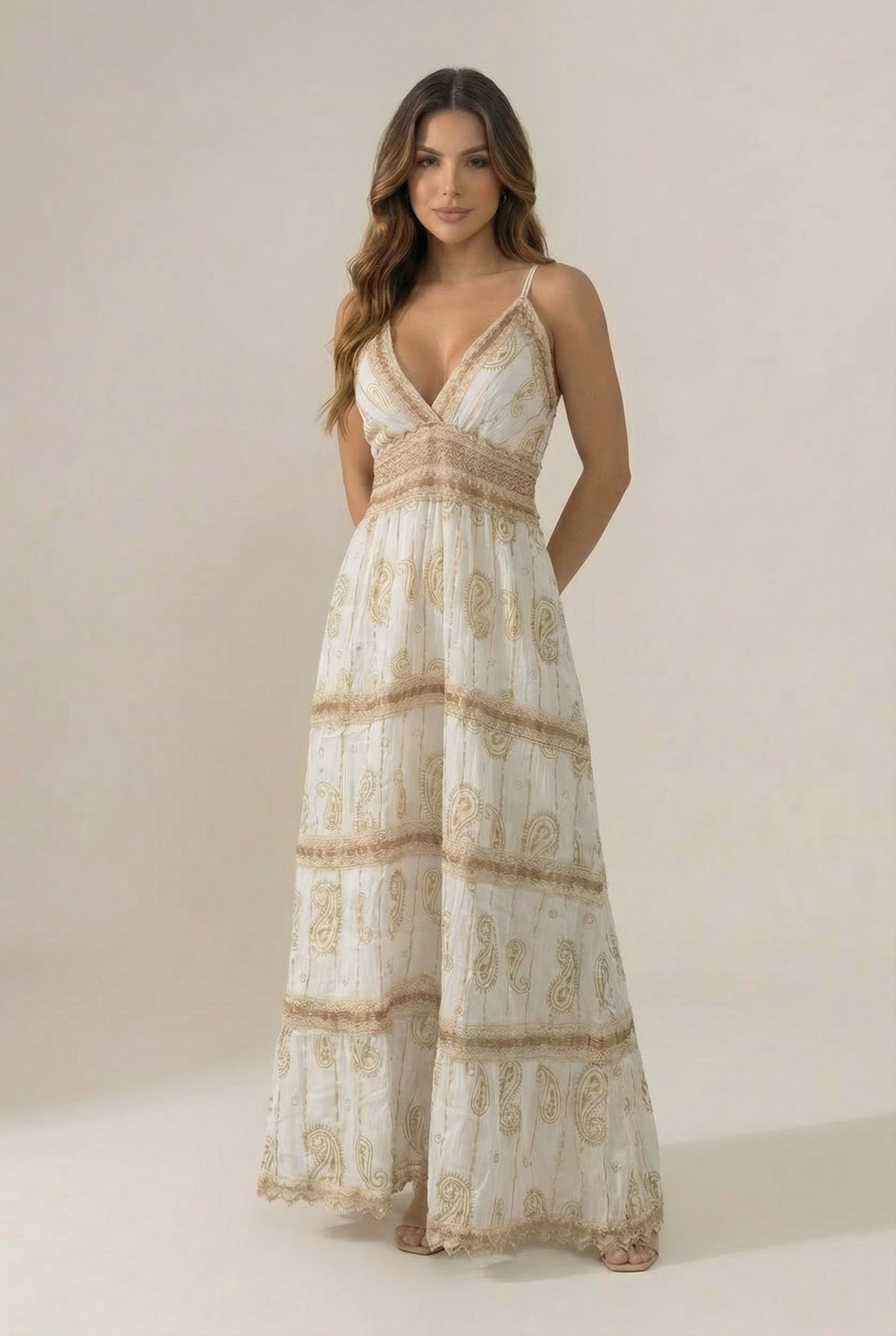 Vestido Boho Blanco Dorado - Seleno Shop