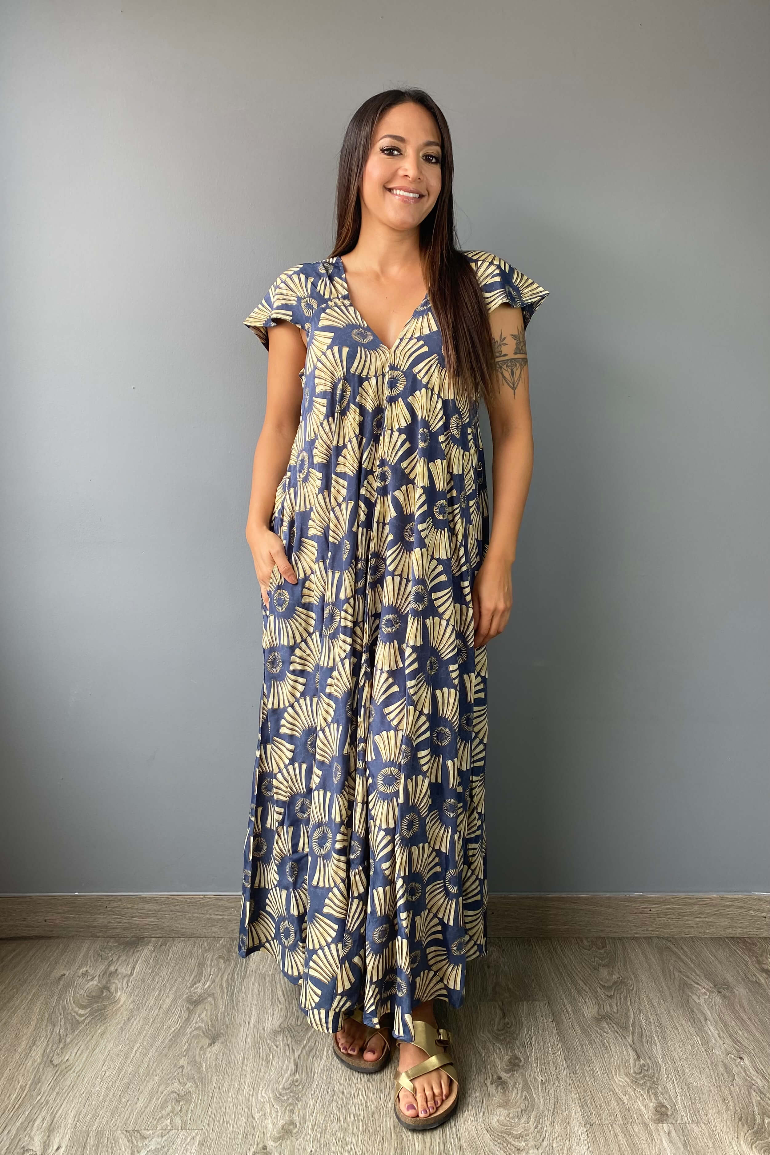 Vestido Boho Estampado Azul & Beige - Seleno Shop