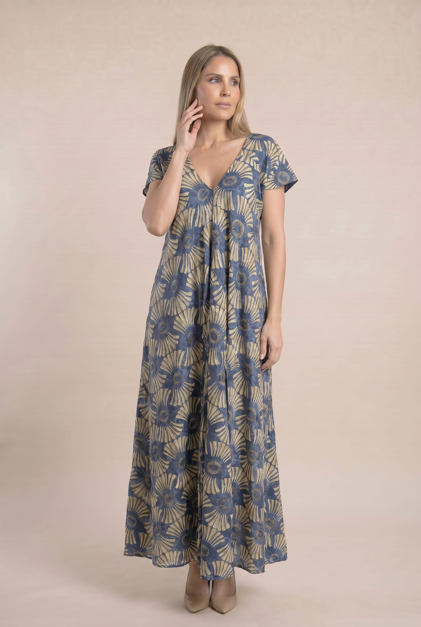 Vestido Boho Estampado Azul & Beige - Seleno Shop