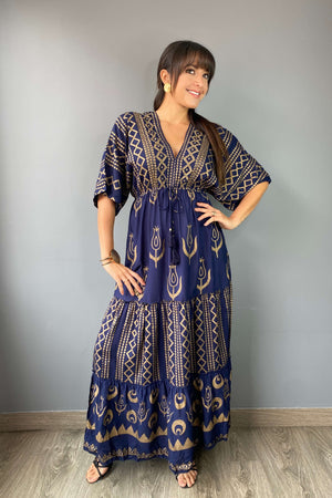 Vestido Kaftan Azul Dorado - Seleno Shop