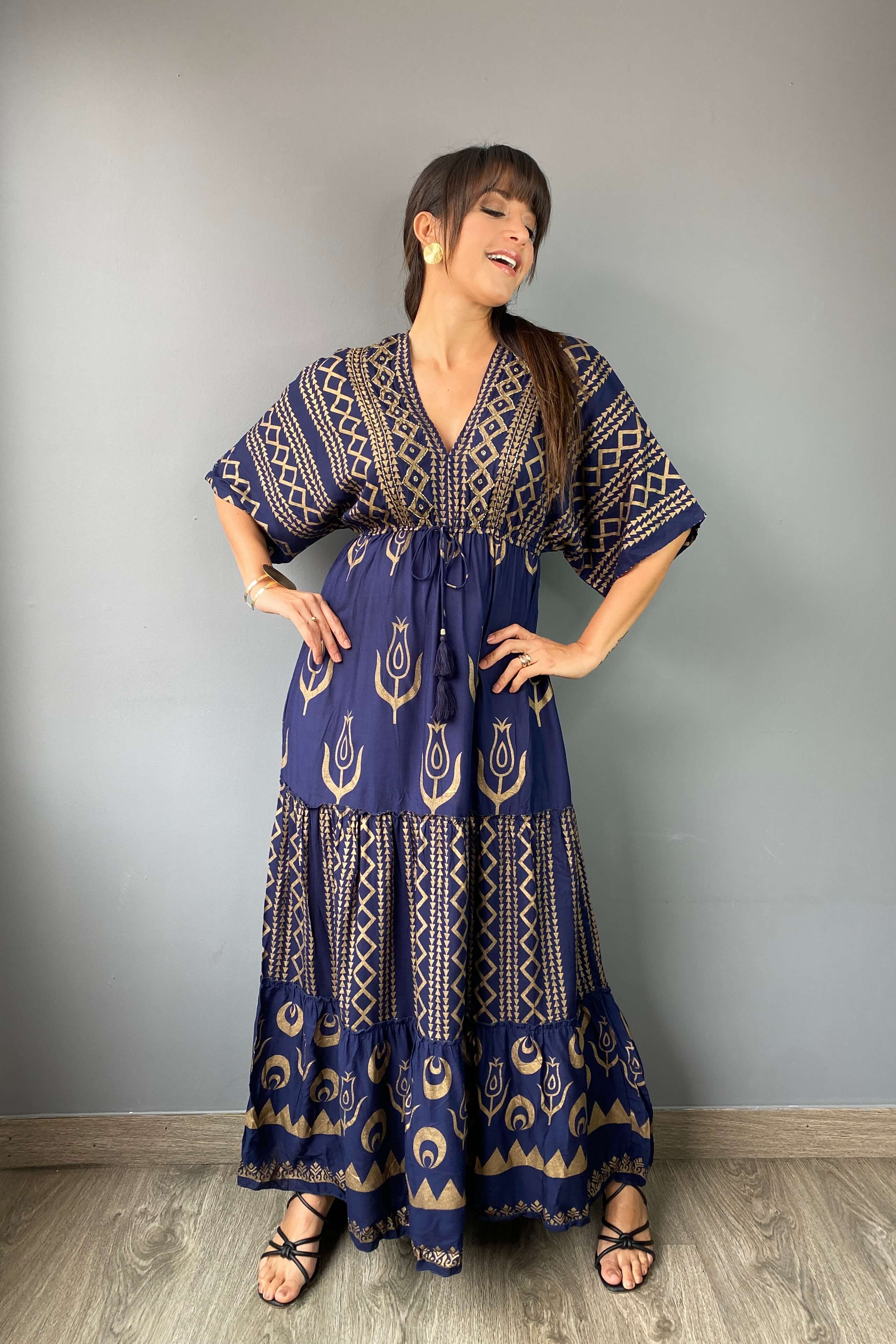 Vestido Kaftan Azul Dorado - Seleno Shop