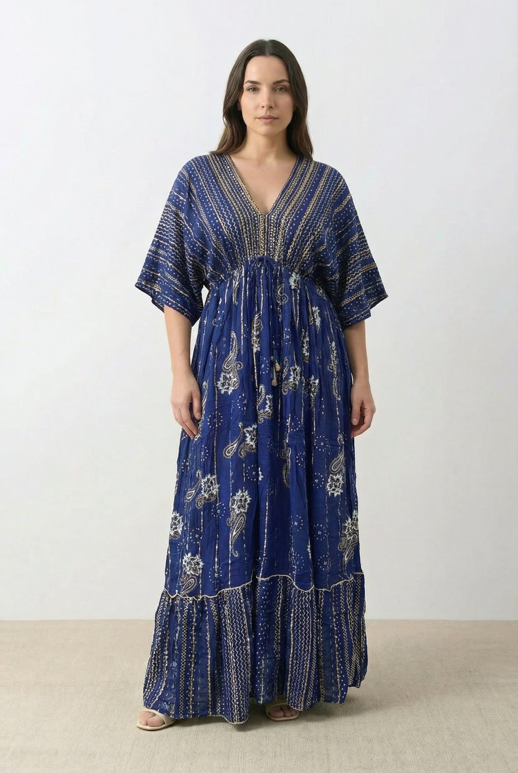 Vestido Kaftan Azul y Dorado - Seleno Shop