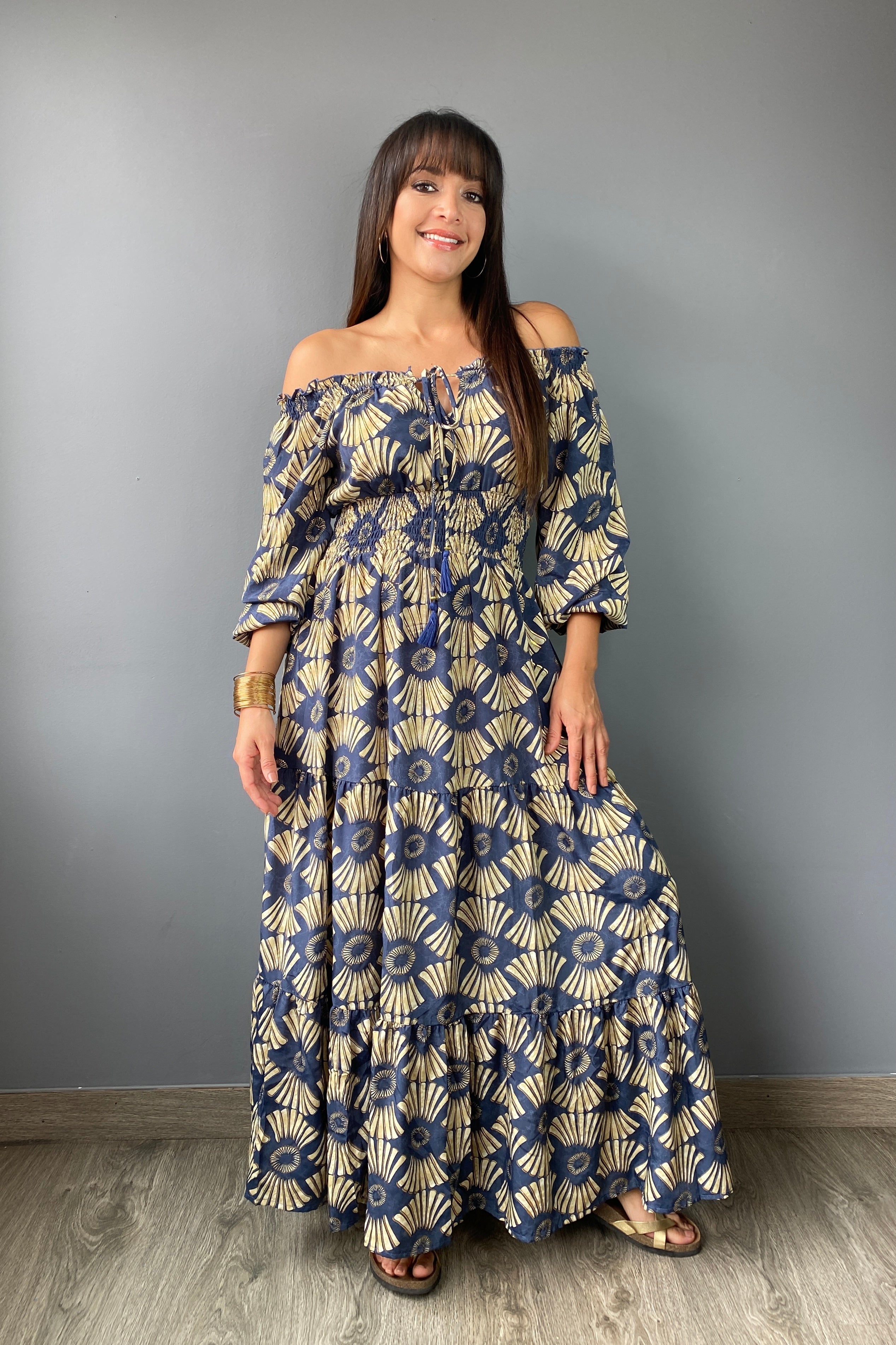Vestido Kaftan Estampado Azul & Beige - Seleno Shop