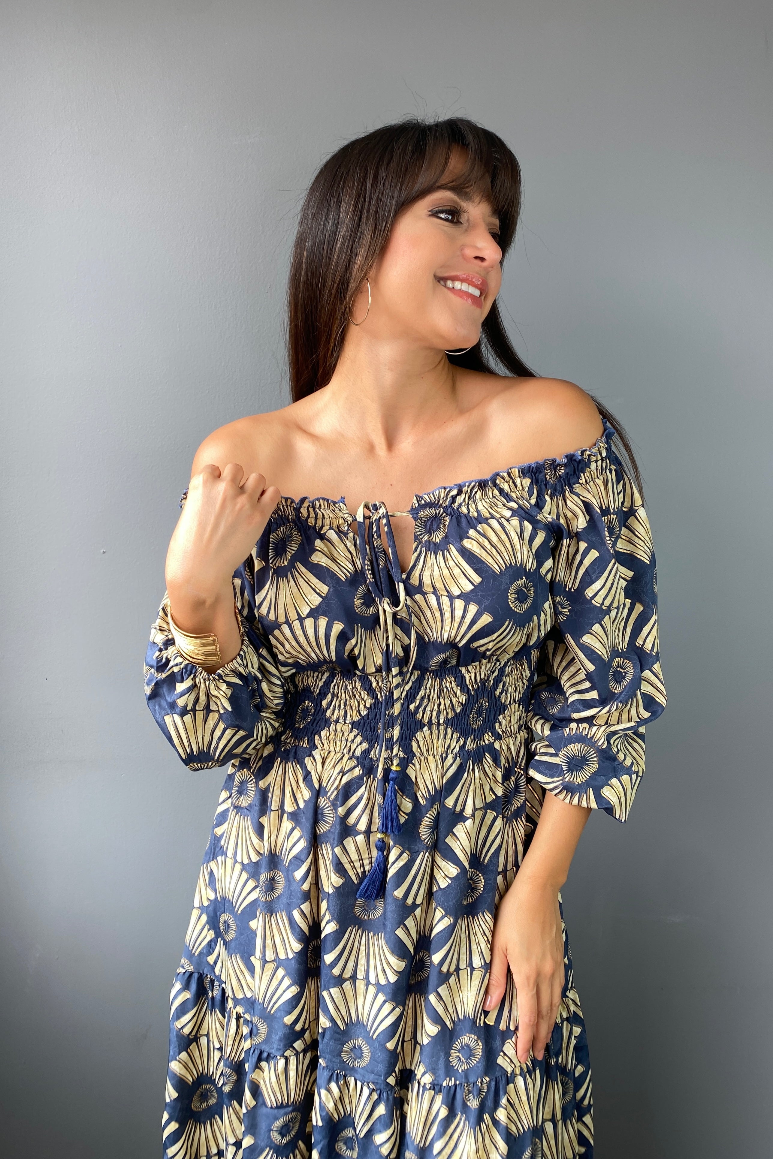 Vestido Kaftan Estampado Azul & Beige - Seleno Shop