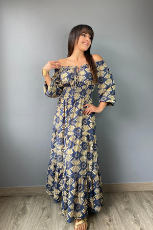 Vestido Kaftan Estampado Azul & Beige - Seleno Shop