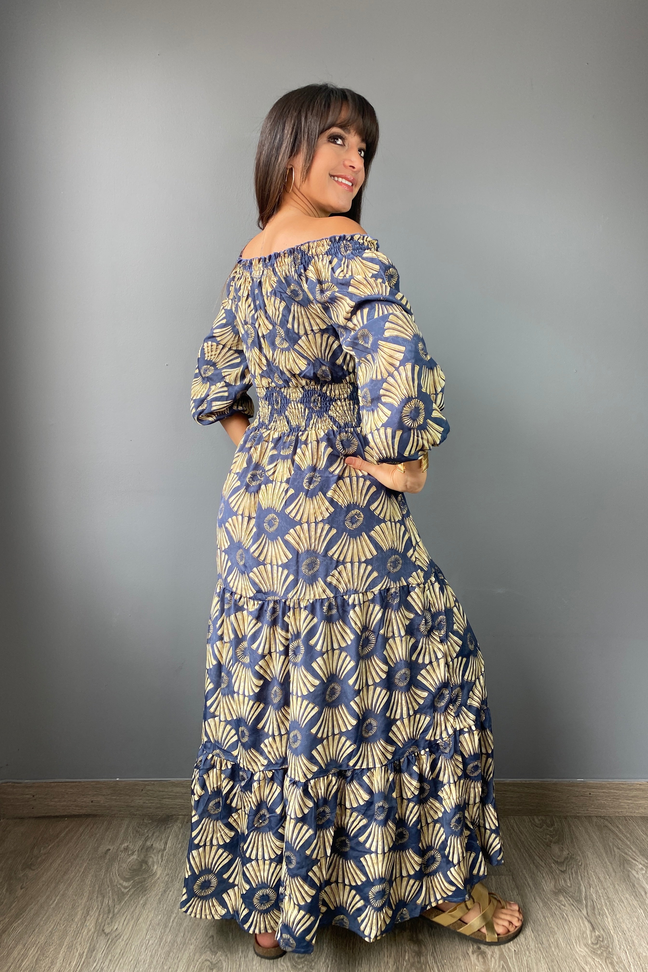 Vestido Kaftan Estampado Azul & Beige - Seleno Shop