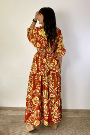 Vestido Kaftan Naranja y Dorado - Seleno Shop