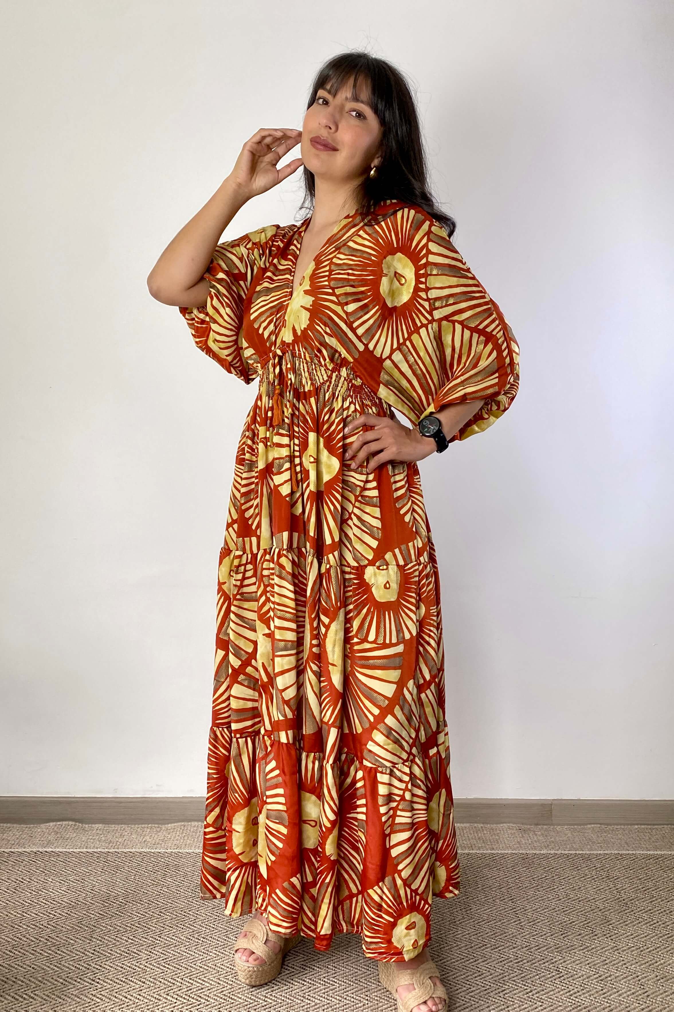 Vestido Kaftan Naranja y Dorado - Seleno Shop