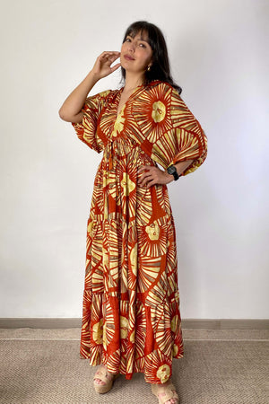 Vestido Kaftan Naranja y Dorado - Seleno Shop