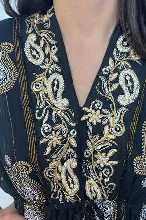 Vestido Kaftan Negro Apliques Dorados - Seleno Shop