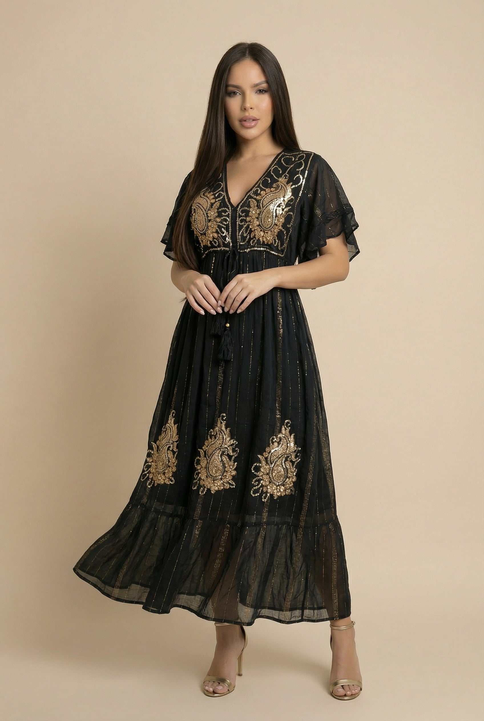 Vestido Kaftan Negro Apliques Dorados - Seleno Shop