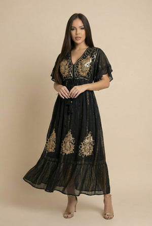 Vestido Kaftan Negro Apliques Dorados - Seleno Shop