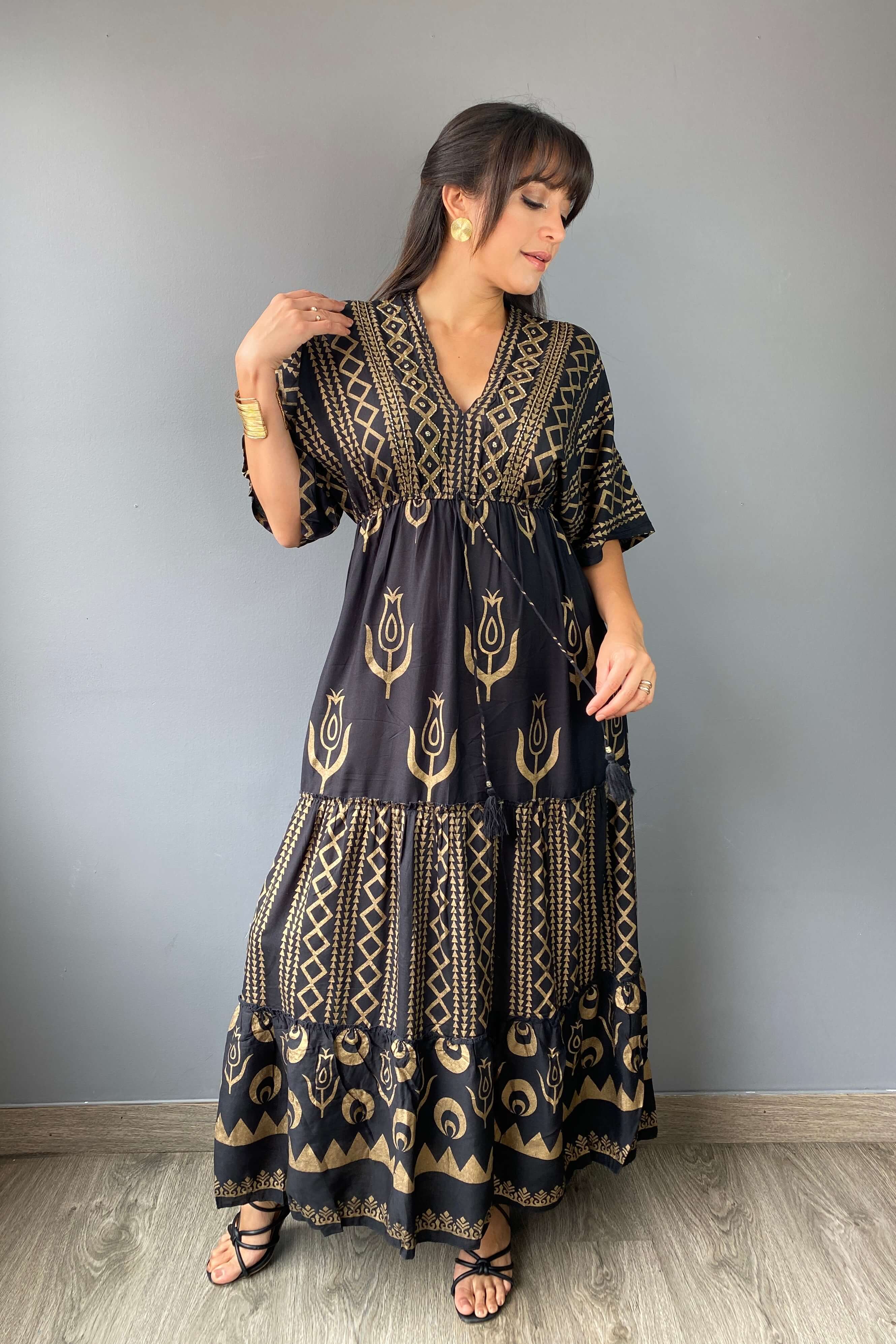 Vestido Kaftan Negro Dorado - Seleno Shop