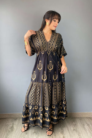 Vestido Kaftan Negro Dorado - Seleno Shop
