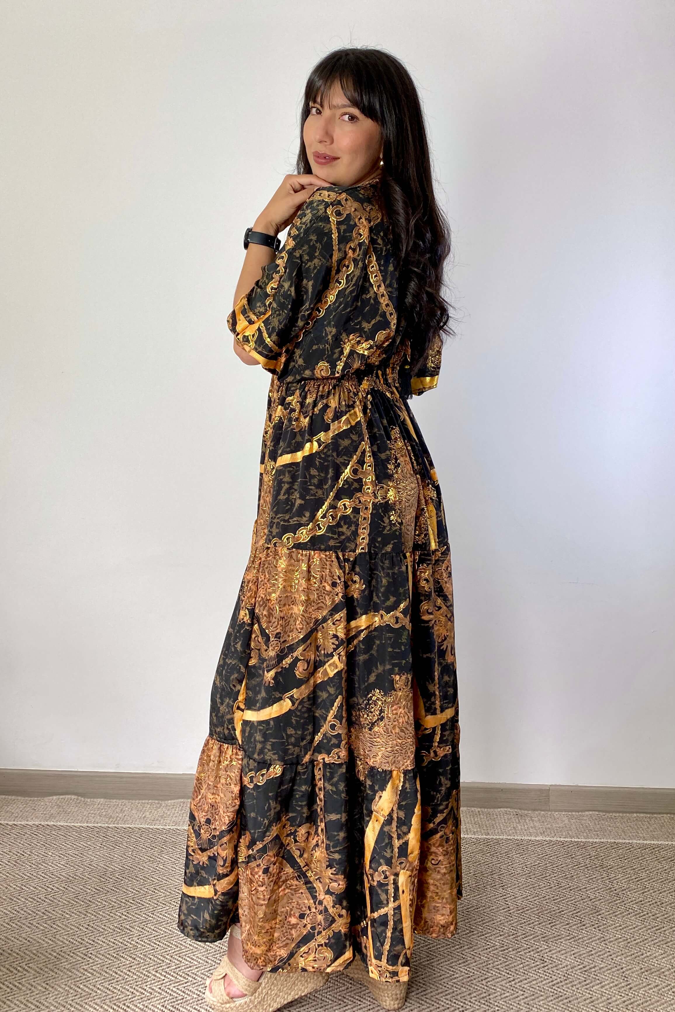 Vestido Kaftan Negro y dorado - Seleno Shop