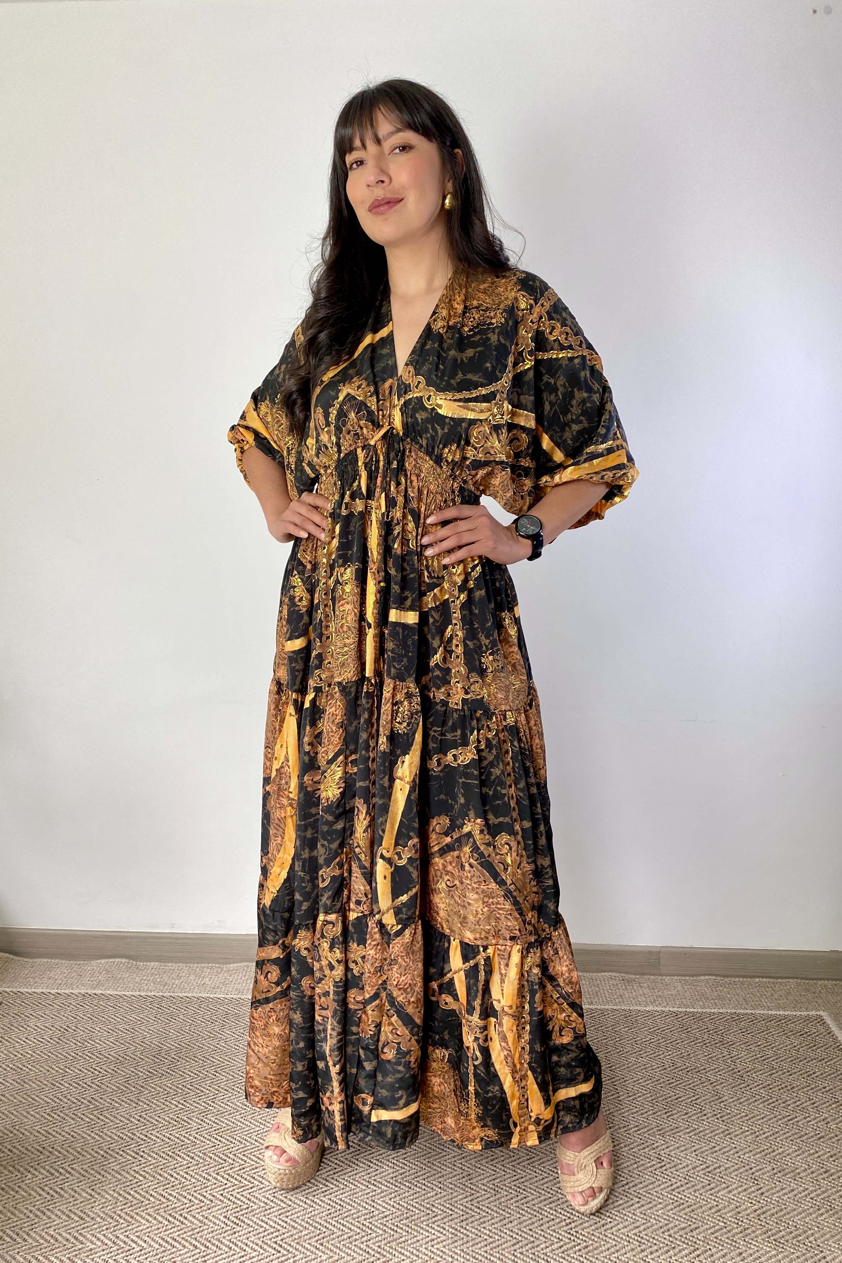 Vestido Kaftan Negro y dorado - Seleno Shop