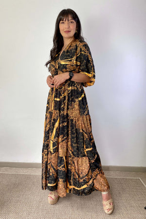 Vestido Kaftan Negro y dorado - Seleno Shop