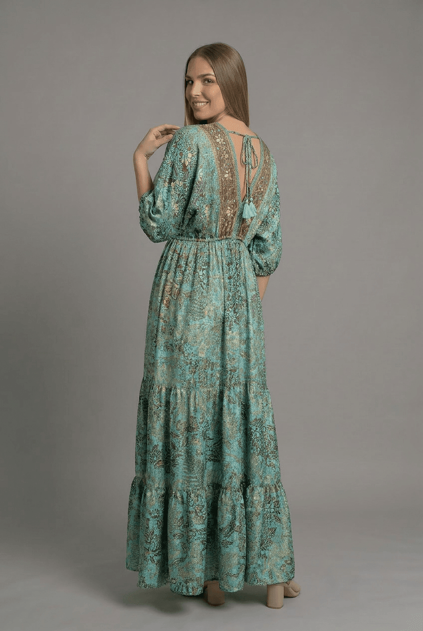 Vestido Kaftan Verde y Dorado - Seleno Shop