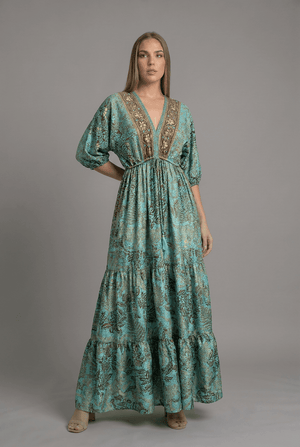 Vestido Kaftan Verde y Dorado - Seleno Shop