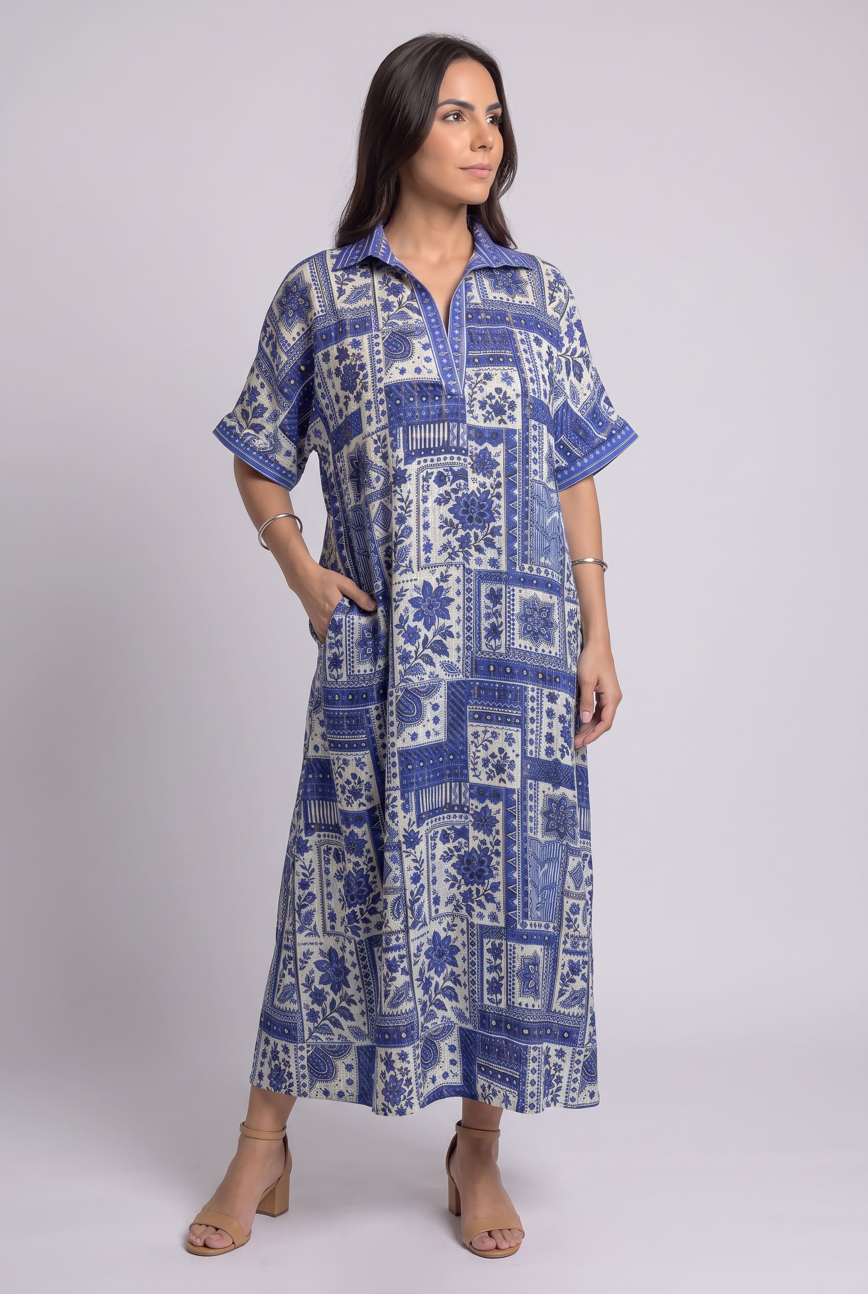 Vestido Maxi Azul Patchwork - Seleno Shop